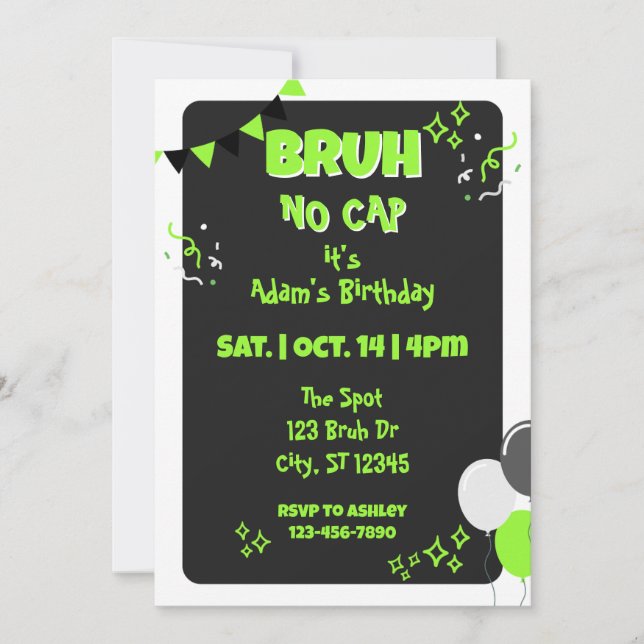 Convite Bruh No Cap, Aniversário Preto e Verde (Frente)