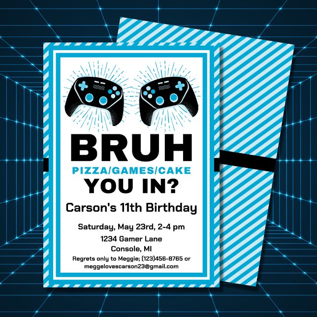 Convite Bruh Personalizou o Aniversário do Partido Gamer P (A funny birthday invitation for your favorite gamer's party.)