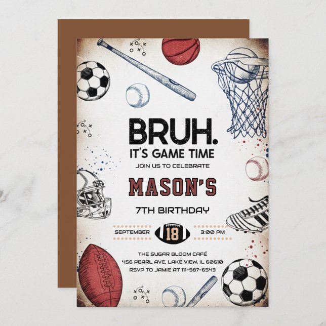 Convite Bruh Sports Birthday Game Time Party Invitation (Frente/Verso)