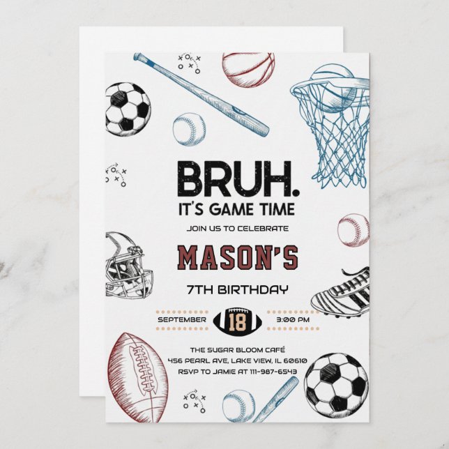 Convite Bruh Sports Birthday Game Time Party Invitation (Frente/Verso)
