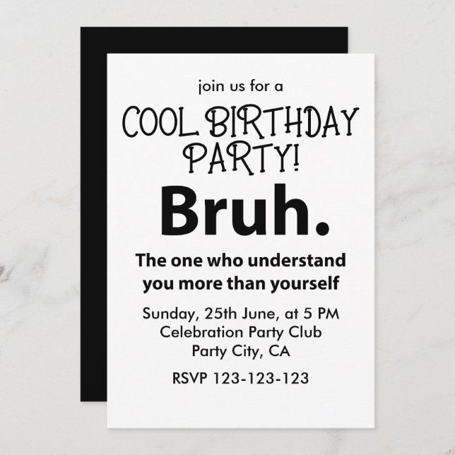 Convite Bruh Typografia Teen Boy Birthday Bruh (Frente/Verso)