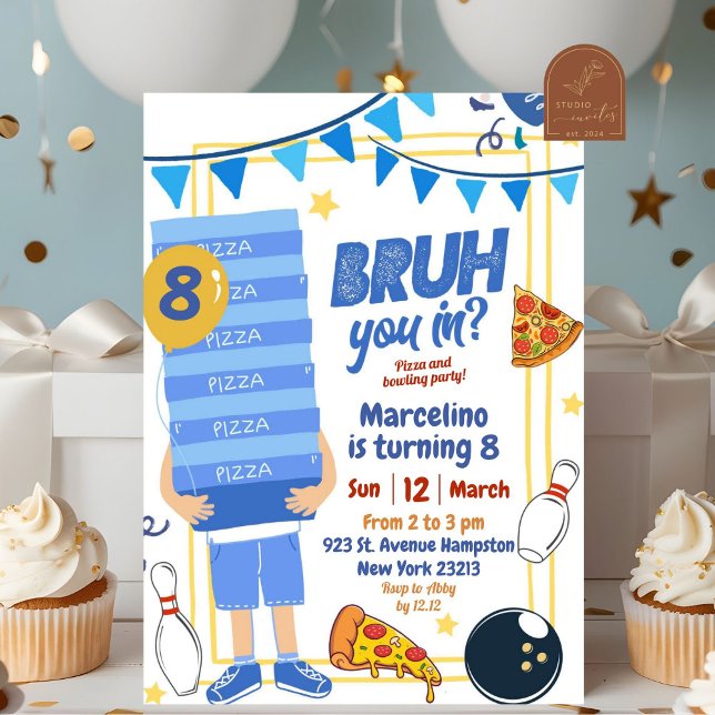 Convite Bruh You in Blue Pizza and Boliche Festa de aniver (Criador carregado)