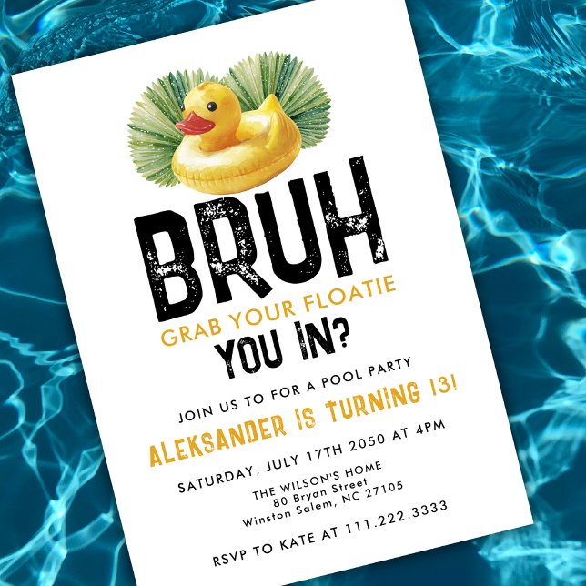 Convite Bruh You In Pool Party Funny Duck Boy Birthday  (Criador carregado)