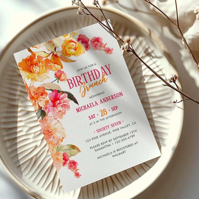 Convite Brunch/Almoço de Aniversário com Floral em Aquarel (Criador carregado)