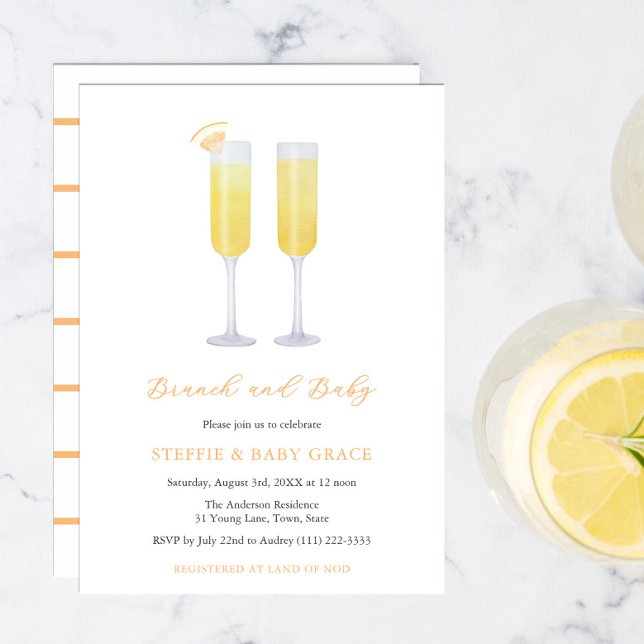 Convite Brunch and Baby Mimosas Baby Shower Sip & See (Mimosas Momosas Brunch with baby yellow orange invitations for sip and see or baby sprinkle shower)