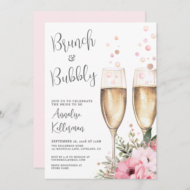 Convite Brunch And Bubbly Floral Bridal Shower (Frente/Verso)