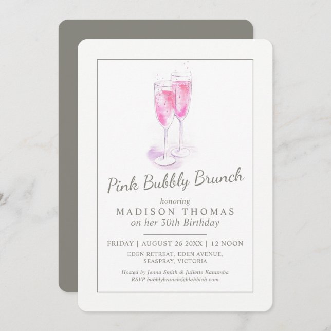 Convite Brunch borbulhante champanhe rosado evento de bolh (Frente/Verso)