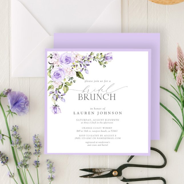 Convite Brunch Botânico Elegante de Lavanda Lilac (Easily personalize this bridal brunch invitation for the perfect celebration of the bride to be!)