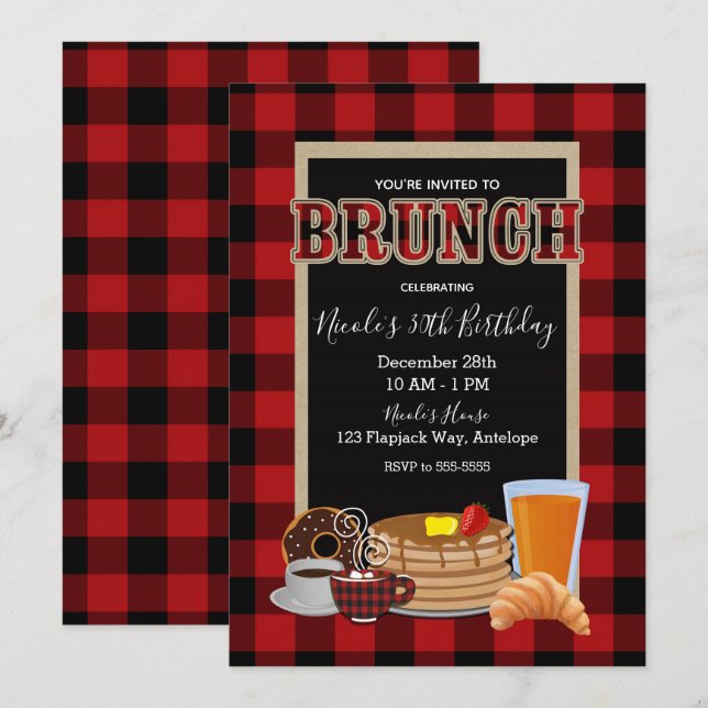 Convite Brunch Breakfast - Xadrez Vermelho Negro Russo (Frente/Verso)