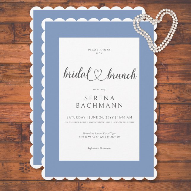Convite Brunch Bridal Azul e Branco Romântico Moderno (Modern Romantic Blue & White Bridal Brunch Invitation)