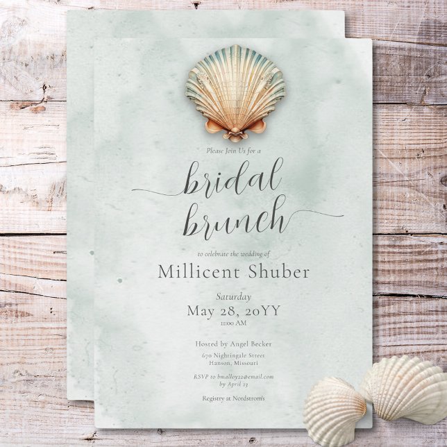Convite Brunch Bridal de Seashell Costeiro Moderno Aqua (Modern Coastal Seashell Aqua Bridal Brunch Invitation)