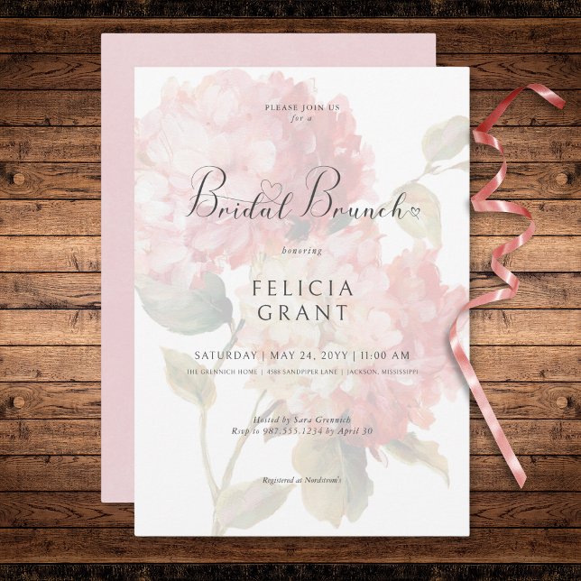 Convite Brunch Bridal, Hidrangea, Cor-de-Rosa Moderna (Modern Pink Blush Hydrangea Bridal Brunch Invitation)