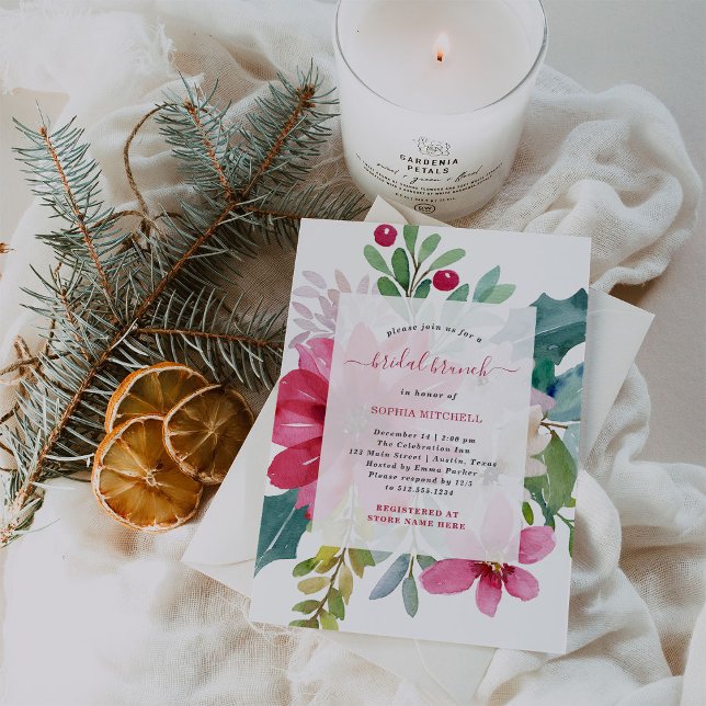 Convite Brunch Bridal Natal | Floral Brilho (A stylish and festive bridal shower brunch invitation for Christmas season weddings)