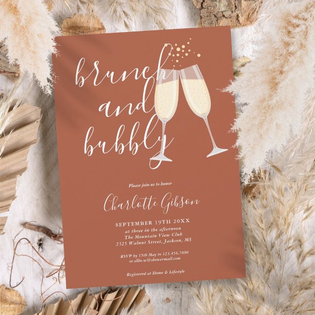 Convite Brunch Bubble Script Chá de panela Terracotta (Brunch Bubbly Script Bridal Shower Terracotta Invitation)