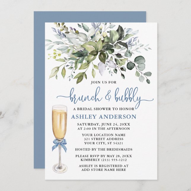 Convite Brunch Bubble Watercolor Greenery Dusty Blue (Frente/Verso)