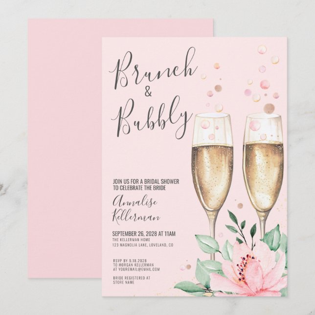 Convite Brunch Bubbly Blush Pink Floral Bridal Shower (Frente/Verso)