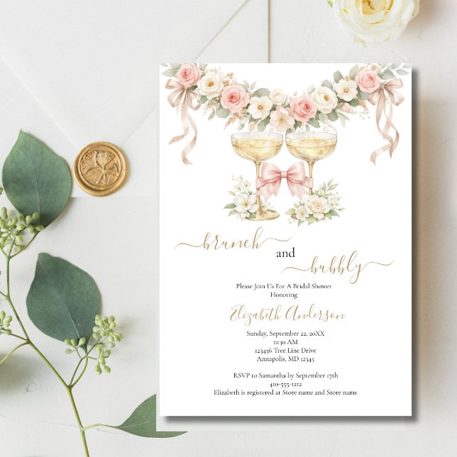 Convite Brunch Bubbly Champagne Glass Pink Bridal Shower (Brunch Bubbly Pink Florals Champagne Glasses Bridal Shower Couples Shower Invitation. )