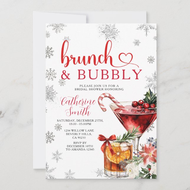 Convite Brunch Bubbly Christmas Dinner Bridal Shower  (Frente)