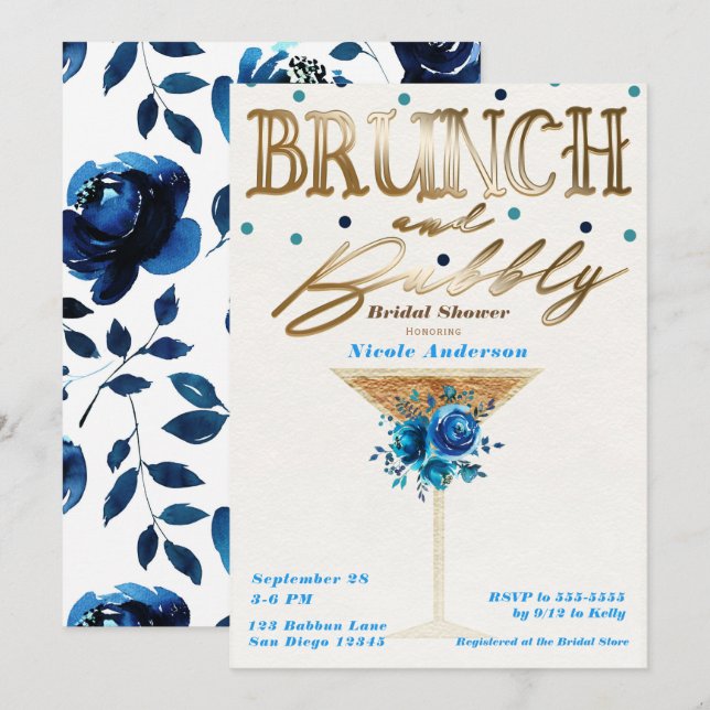 Convite Brunch Bubbly Dourado Azul Floral Chá de Noiva (Frente/Verso)