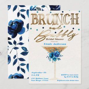 Convite Brunch Bubbly Dourado Azul Turquesa Floral Chá de 