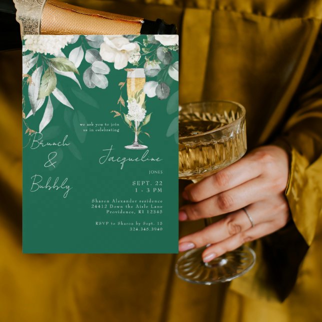 Convite Brunch & Bubbly Floral Branco Verde Esmeralda (Criador carregado)