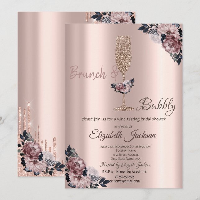 Convite Brunch & Bubbly Flores Drips Chá de Noiva (Frente/Verso)