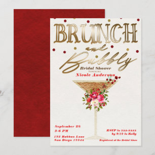 Convite Brunch & Bubbly Gold Vermelho Festa de Noivado de
