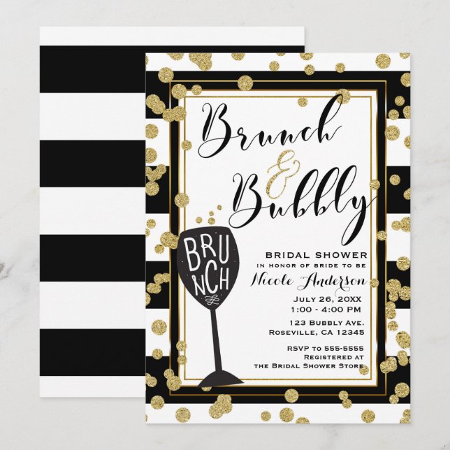Convite Brunch & Bubbly Listras Pretas e Brancas Confetes  (Frente/Verso)