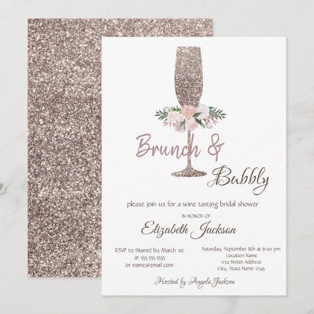 Convite Brunch & Bubbly Rosa Dourado Brinde de Casamento c (Frente/Verso)