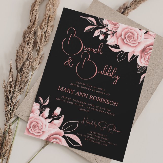 Convite BRUNCH BUBBLY Rosa Dourado Chá de panela Floral pr (BRUNCH BUBBLY Rose Gold Floral Bridal Shower Black Invitation)