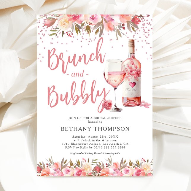 Convite Brunch & Bubbly Rosa Floral Chá de Noiva (Criador carregado)