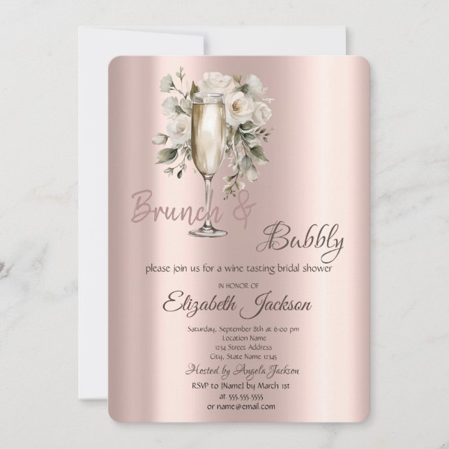 Convite Brunch & Bubbly Rosas Brancas Pingando Chuveiro de (Frente)