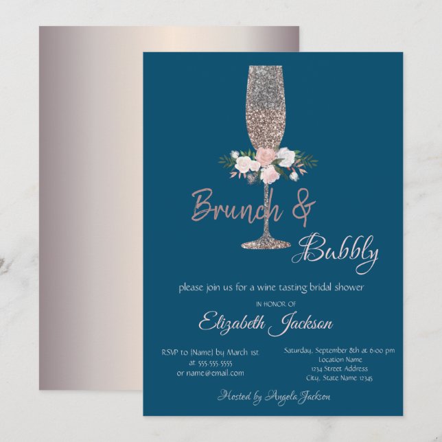 Convite Brunch & Bubbly Rose Gold Chá de Noiva (Frente/Verso)