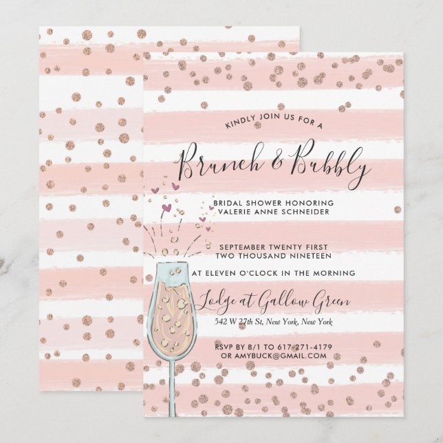 Convite Brunch & Bubbly Rose Gold Champanhe Festa de Noiva (Frente/Verso)
