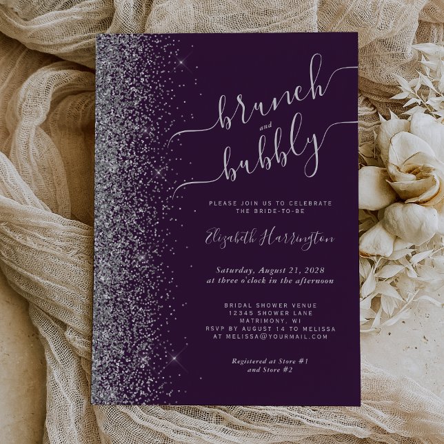 Convite Brunch & Bubbly Roxo Chuve de Noiva Prateada (Criador carregado)