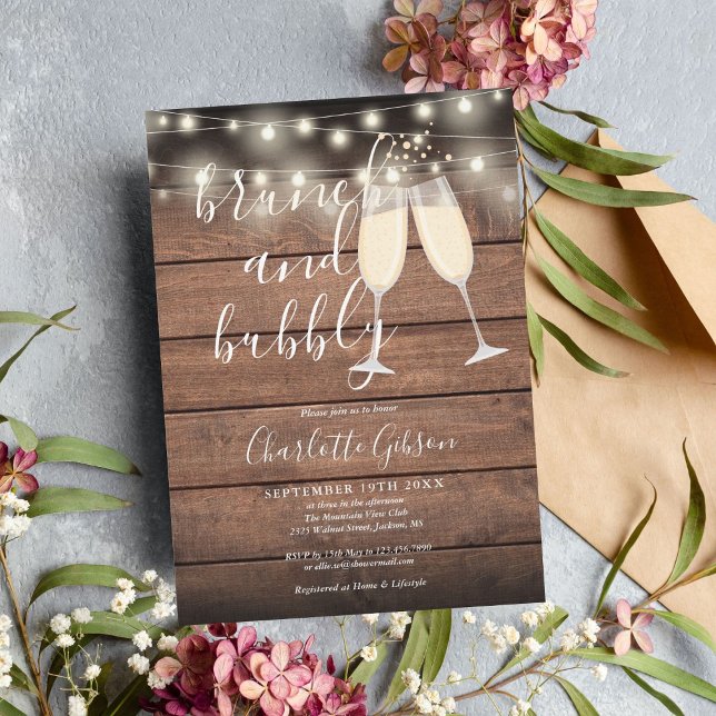 Convite Brunch Bubbly Script Chá de Noiva Rustic Wood (Criador carregado)