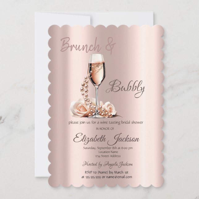 Convite Brunch & Bubbly Vidro Pérolas Rosa Chá de Noiva  (Frente)