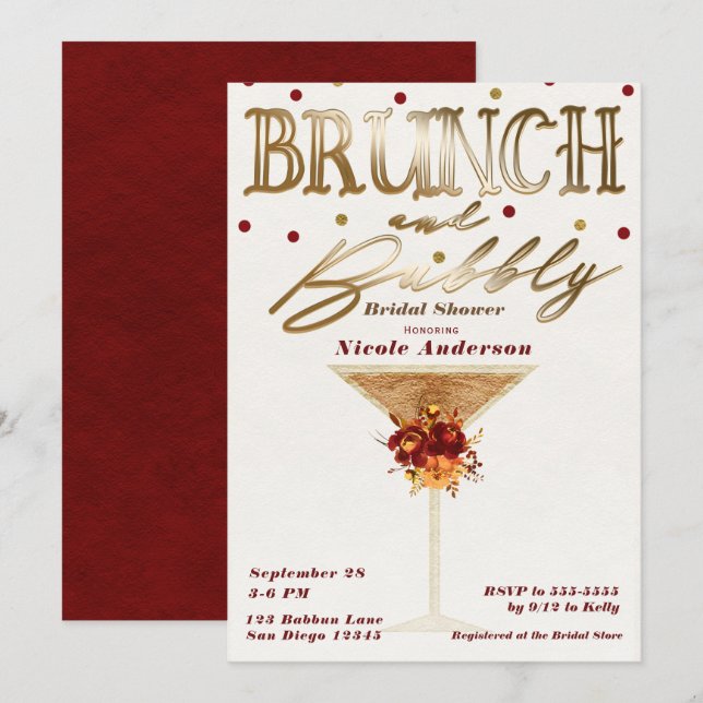 Convite Brunch & Bubbly Vinho Tinto Dourado de Outono Chá  (Frente/Verso)