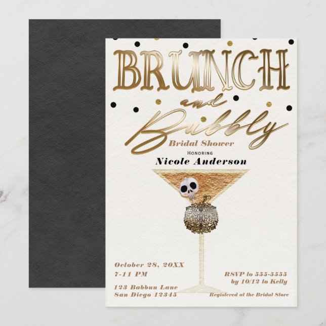 Convite Brunch & Bubbly Wine Dourado Chá de Noiva de Hallo (Frente/Verso)