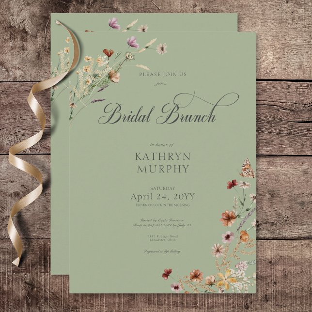 Convite Brunch Buquê Bridal Verde Moderno (Modern Green Wildflower Bouquet Bridal Brunch Invitation)