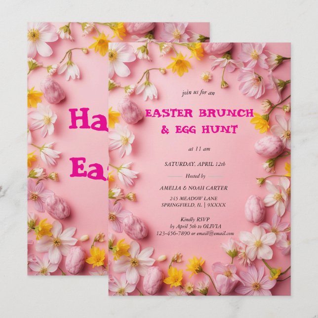 Convite BRUNCH & CAÇA DE PÁSCOA Floral Colorido (Frente/Verso)