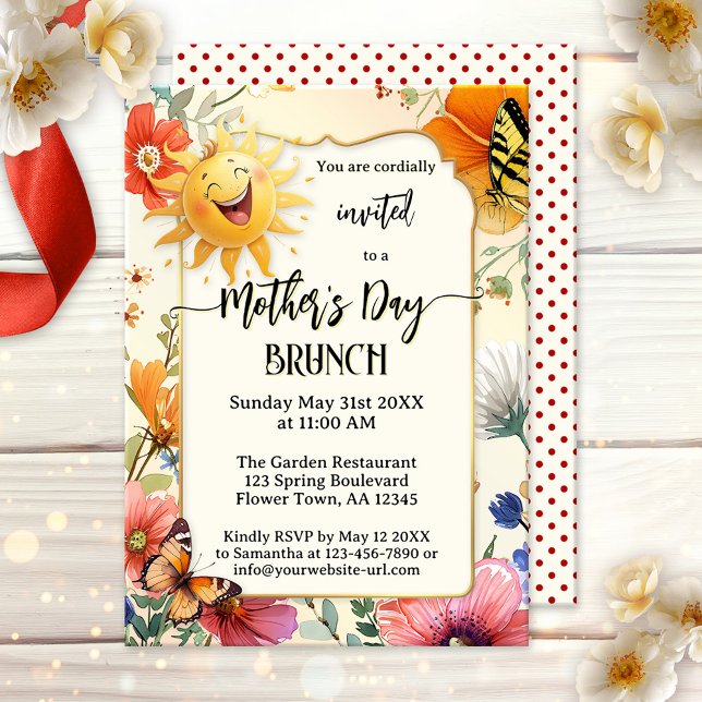 Convite Brunch Caprichoso Feliz Dia das Mães (Mother's Day brunch or lunch invitation featuring a laughing sun on a watercolor wildflower design)
