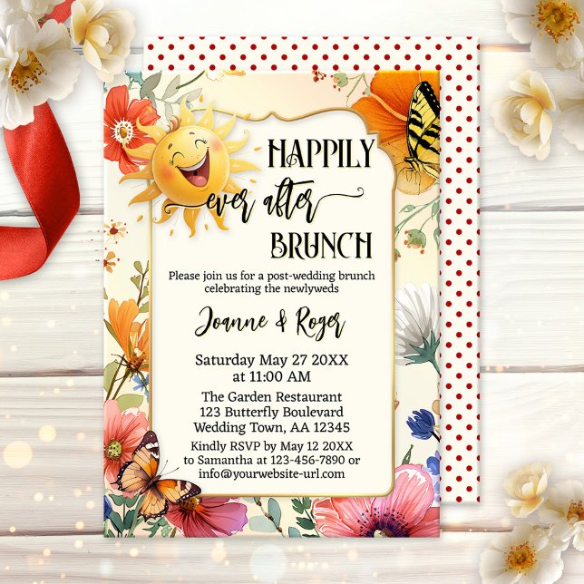 Convite Brunch Caprichoso Floral de Borboleta do Sol Pós-C (After wedding brunch invitation featuring a cheerfully laughing sun with colorful wildflowers)