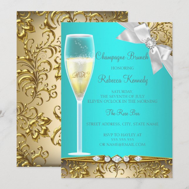 Convite Brunch Champagne Azul Turquesa Elegante Dourado Br (Frente/Verso)