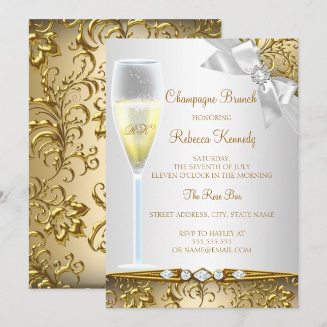 Convite Brunch Champagne Branco Prata Dourado Elegante (Frente/Verso)
