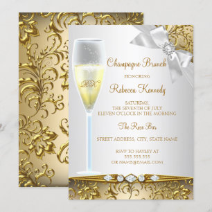 Convite Brunch Champagne Elegante Dourado Prata Branco