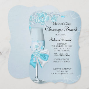 Convite Brunch Champagne Rosa Azul Maravilhosa Dia das Mãe