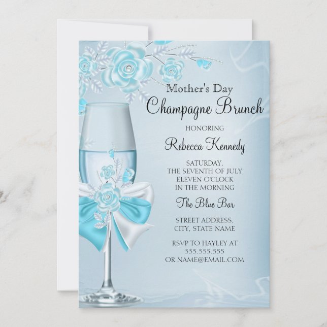 Convite Brunch Champagne Rosa Azul Turquesa no Dia das Mãe (Frente)