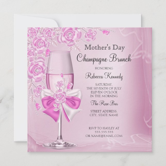 Convite Brunch Champagne Rosa Bonito do Dia das Mães (Frente)