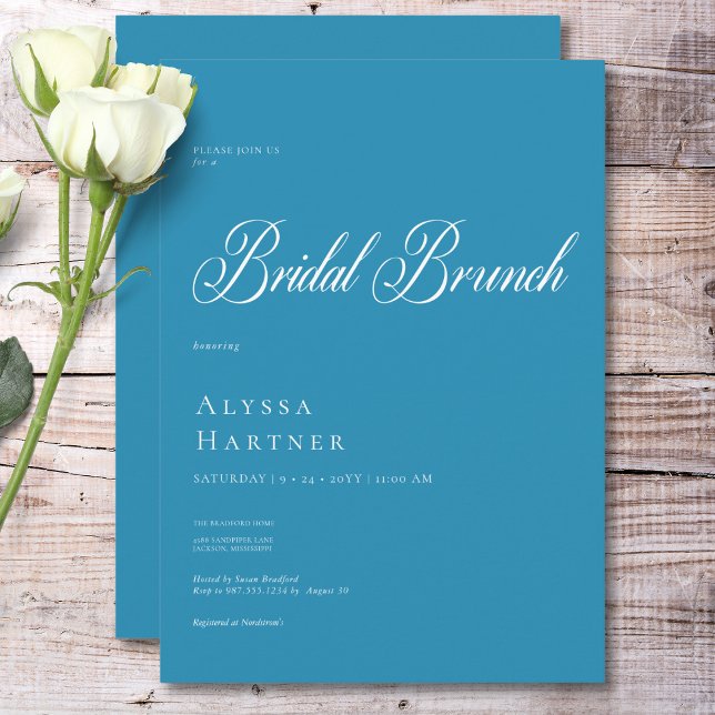 Convite Brunch Clássico Mínimo de Brida Azul e Branca (Minimal Classic French Blue & White Bridal Brunch Invitation)